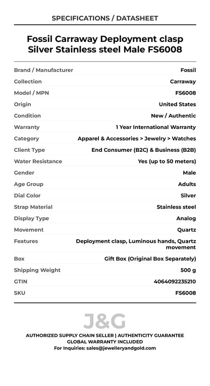 Fossil Carraway Deployment clasp Silver Stainless steel Male FS6008 - Specifications