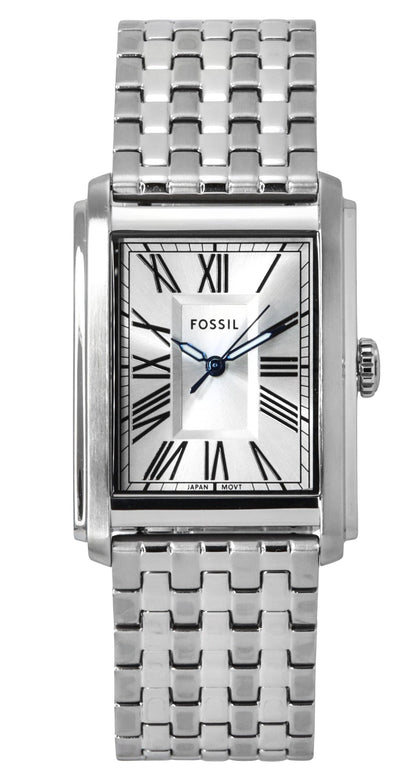 Fossil Carraway Deployment clasp Silver Stainless steel Male FS6008. A brand-new Fossil Carraway watch featuring a Silver dial and a Stainless steel strap. Angled view.