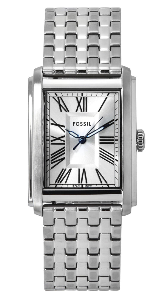 Fossil Carraway Deployment clasp Silver Stainless steel Male FS6008. A brand-new Fossil Carraway watch featuring a Silver dial and a Stainless steel strap. Angled view.