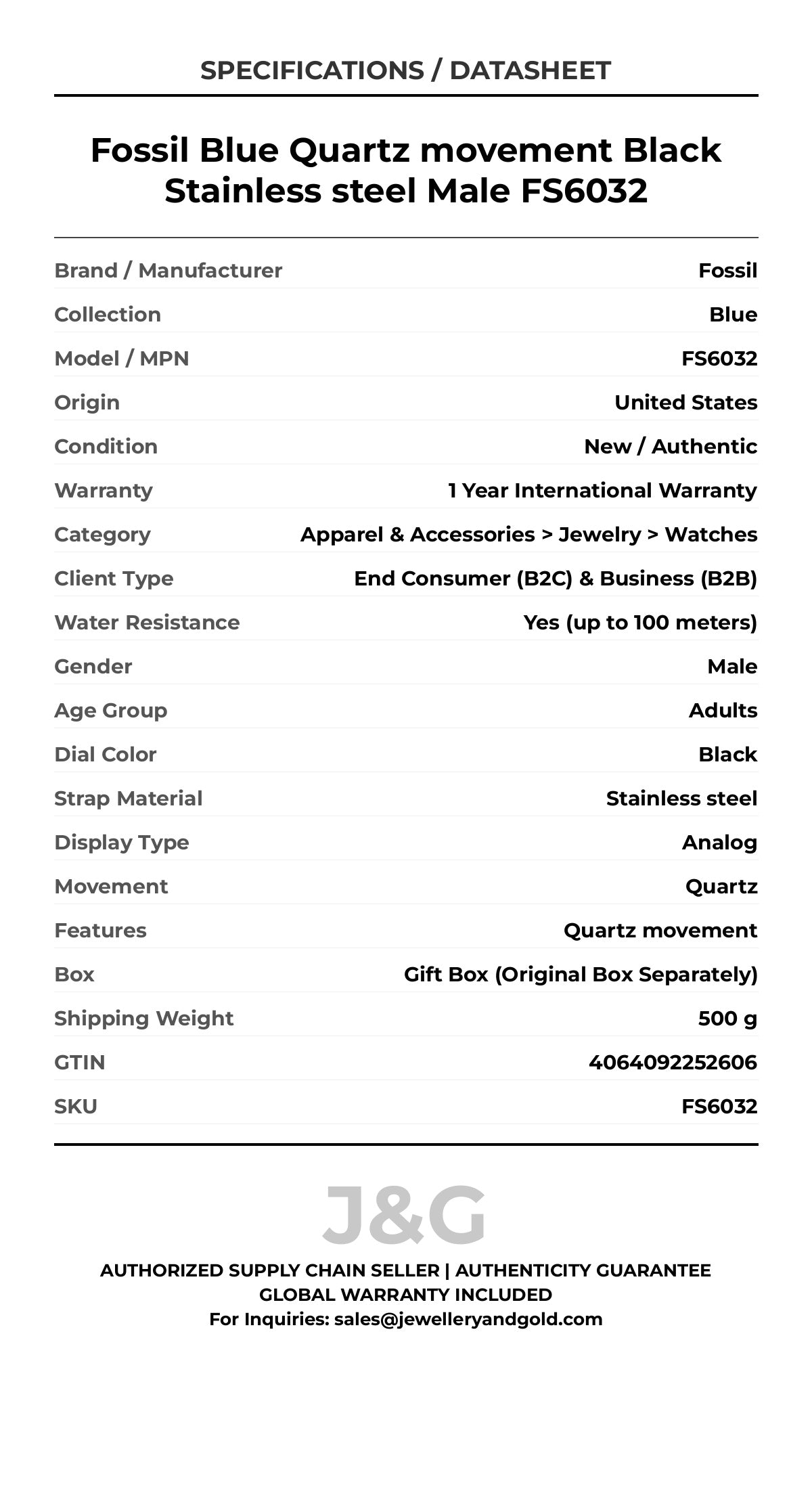 Fossil Blue Quartz movement Black Stainless steel Male FS6032 - Specifications
