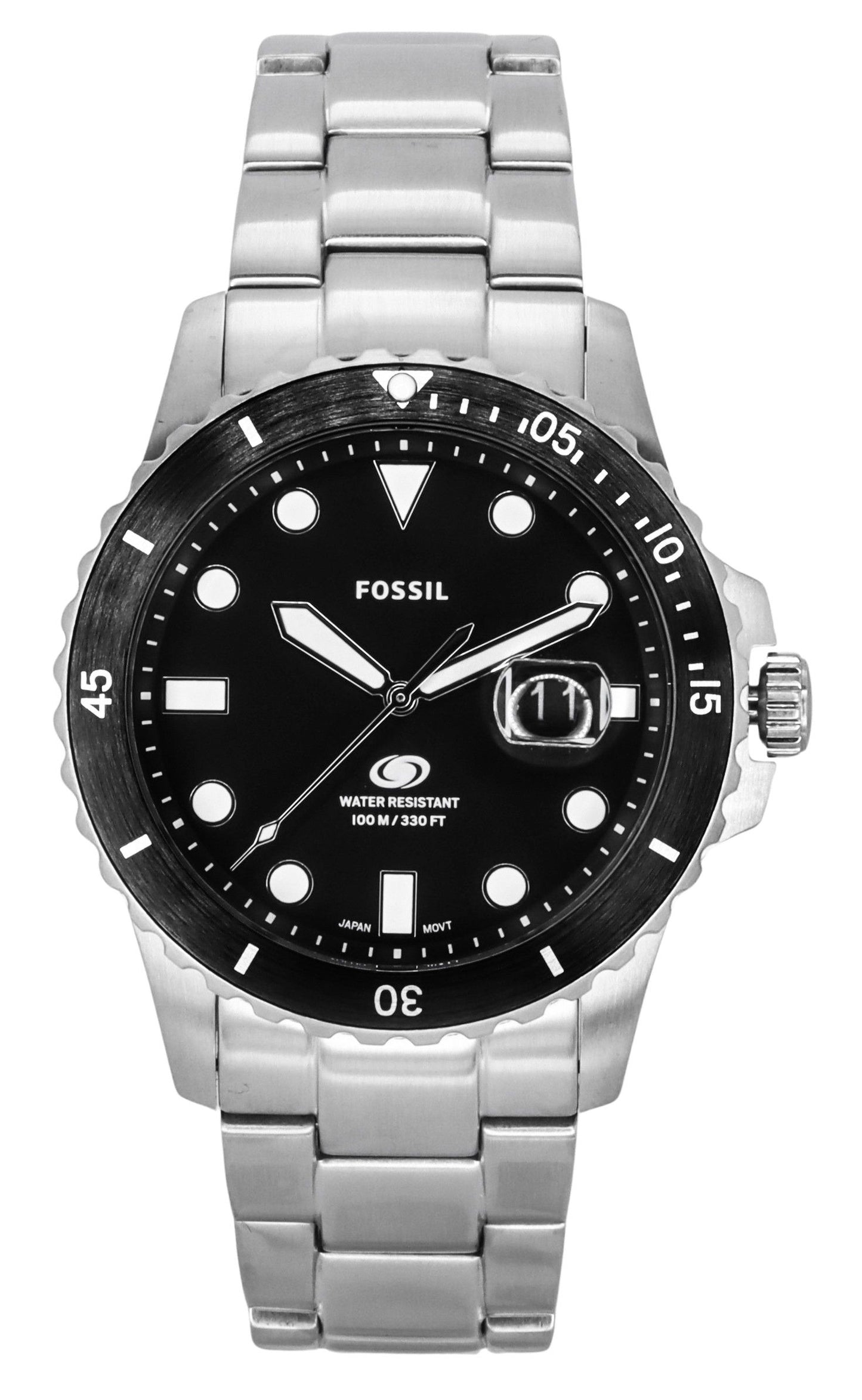 Fossil Blue Quartz movement Black Stainless steel Male FS6032. A brand-new Fossil Blue watch featuring a Black dial and a Stainless steel strap. Front view.