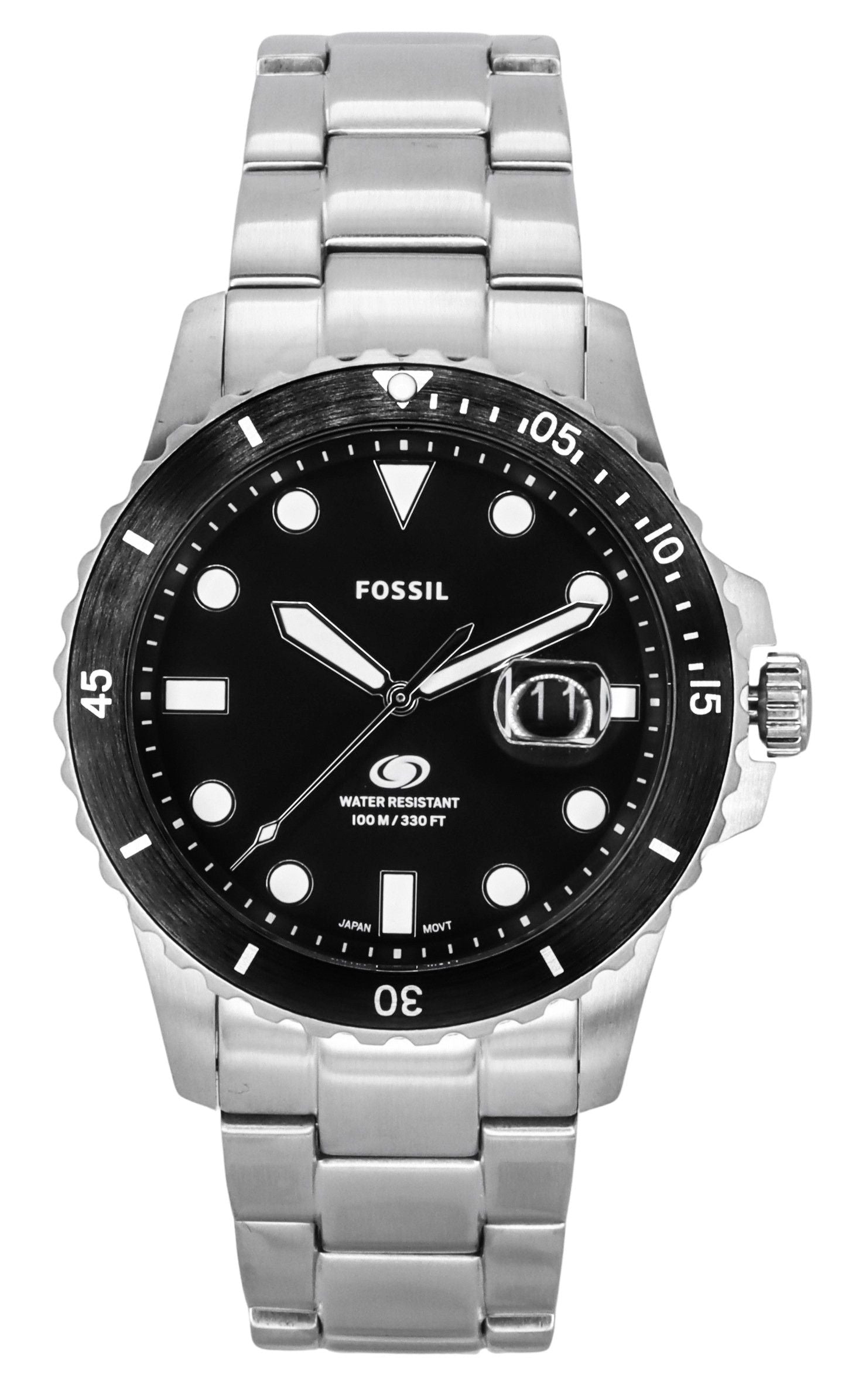 Fossil Blue Quartz movement Black Stainless steel Male FS6032. A brand-new Fossil Blue watch featuring a Black dial and a Stainless steel strap. Front view.