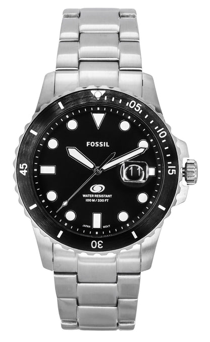 Fossil Blue Quartz movement Black Stainless steel Male FS6032. A brand-new Fossil Blue watch featuring a Black dial and a Stainless steel strap. Front view.