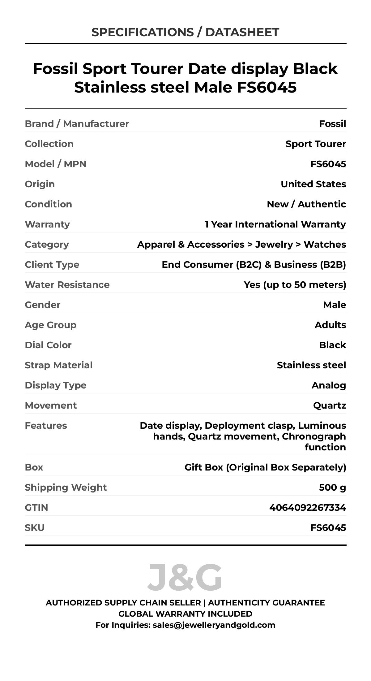 Fossil Sport Tourer Date display Black Stainless steel Male FS6045 - Specifications