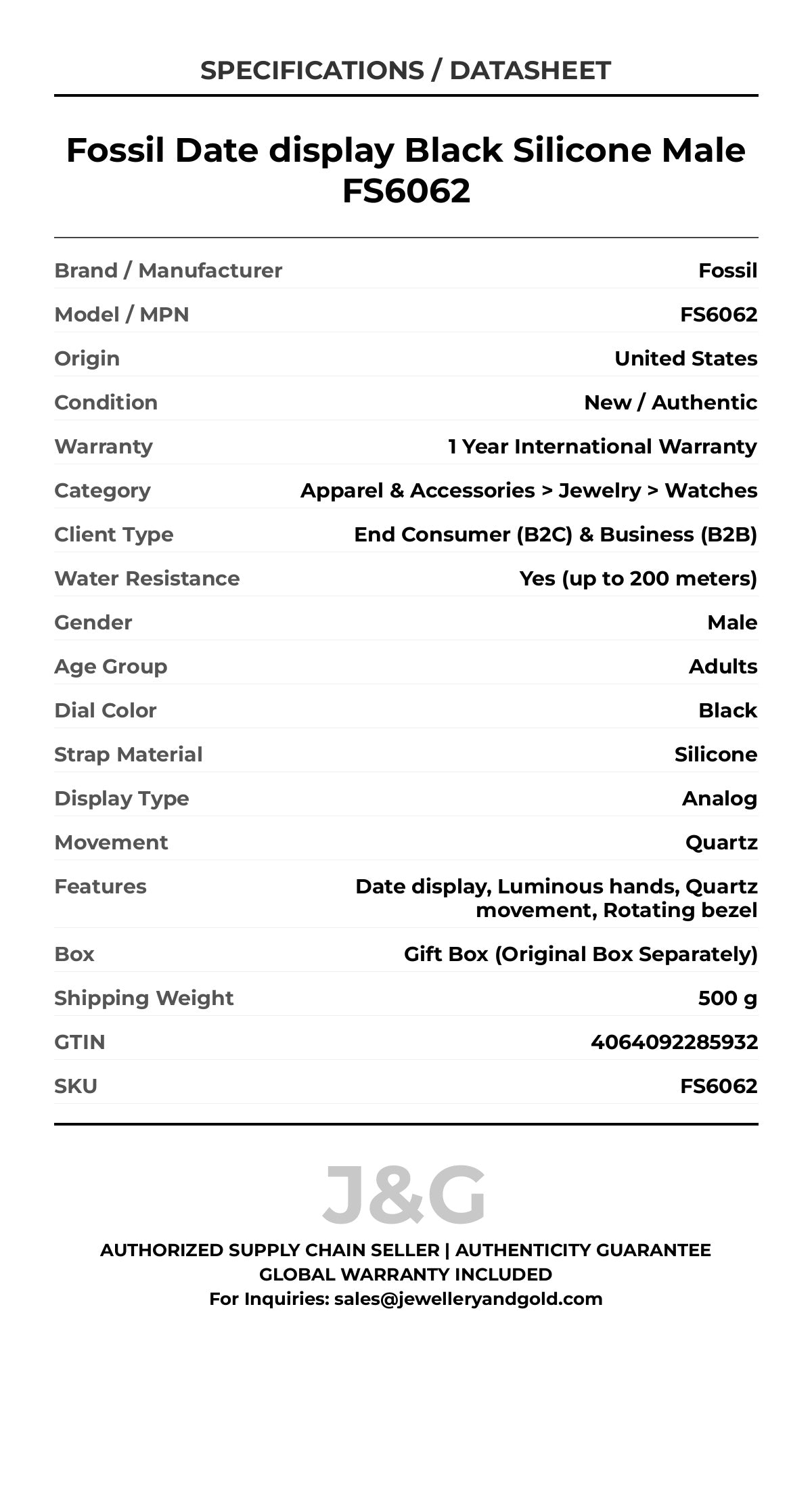 Fossil Date display Black Silicone Male FS6062 - Specifications