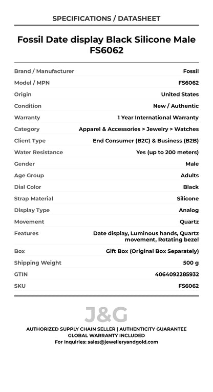 Fossil Date display Black Silicone Male FS6062 - Specifications