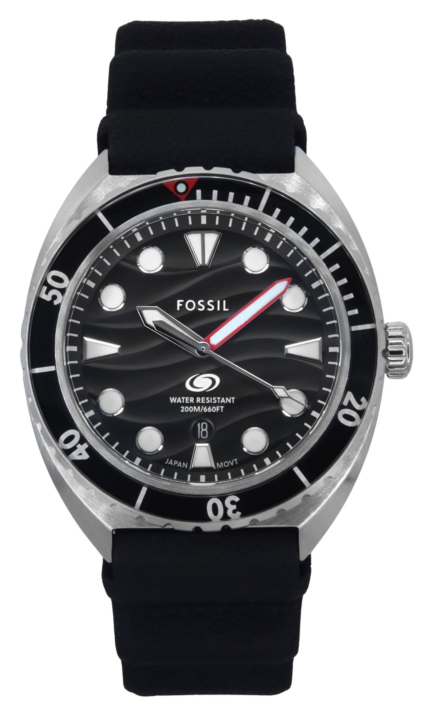 Fossil Date display Black Silicone Male FS6062. A brand-new Fossil watch featuring a Black dial and a Silicone strap. Front view.