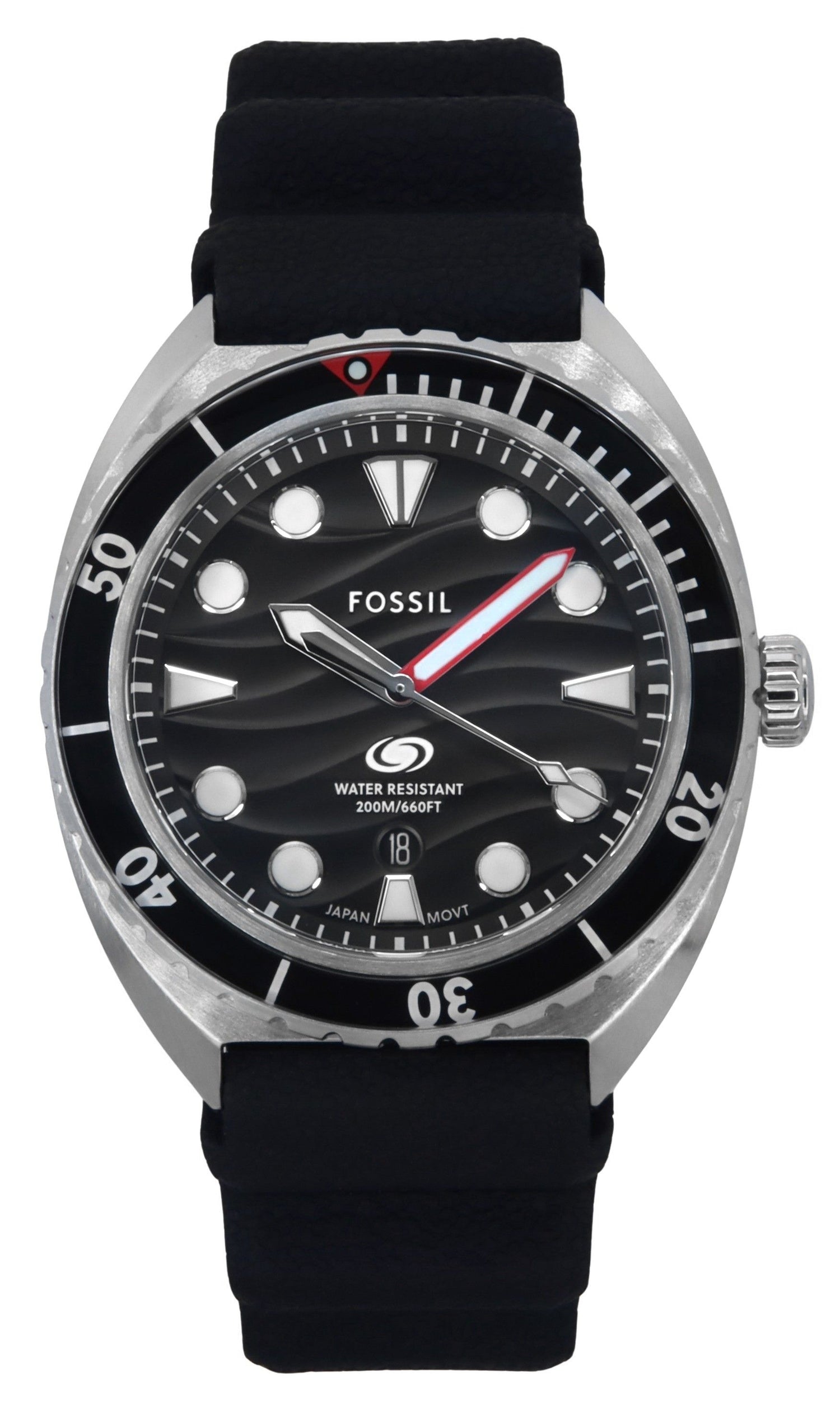 Fossil Date display Black Silicone Male FS6062. A brand-new Fossil watch featuring a Black dial and a Silicone strap. Front view.