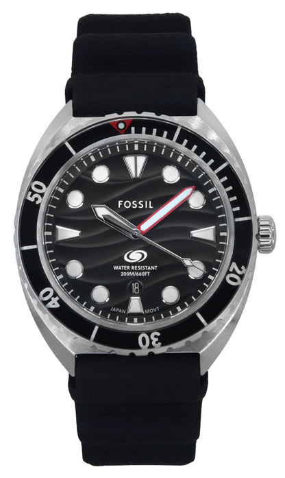 Fossil Date display Black Silicone Male FS6062. A brand-new Fossil watch featuring a Black dial and a Silicone strap. Front view.