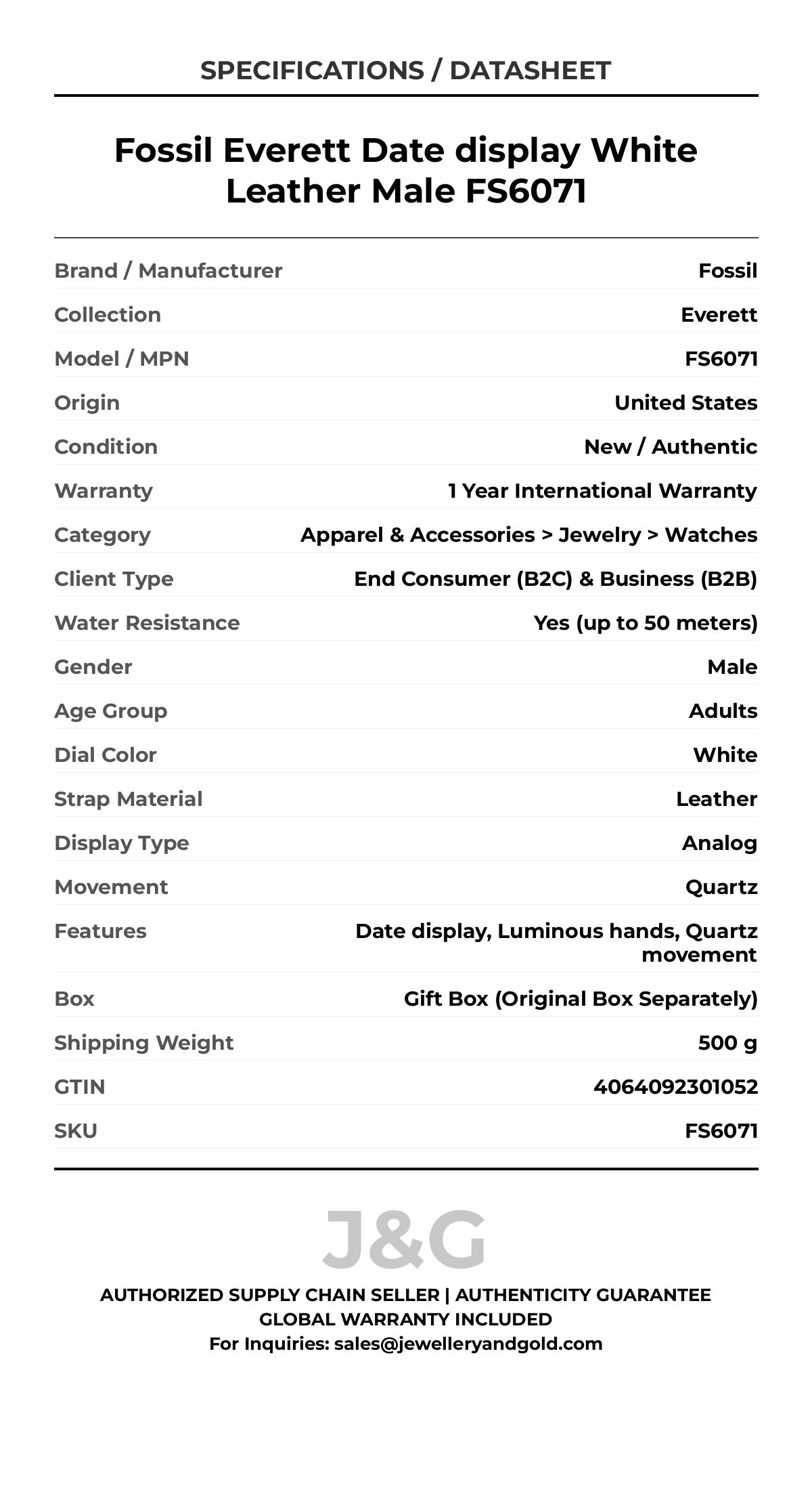Fossil Everett Date display White Leather Male FS6071 - Specifications