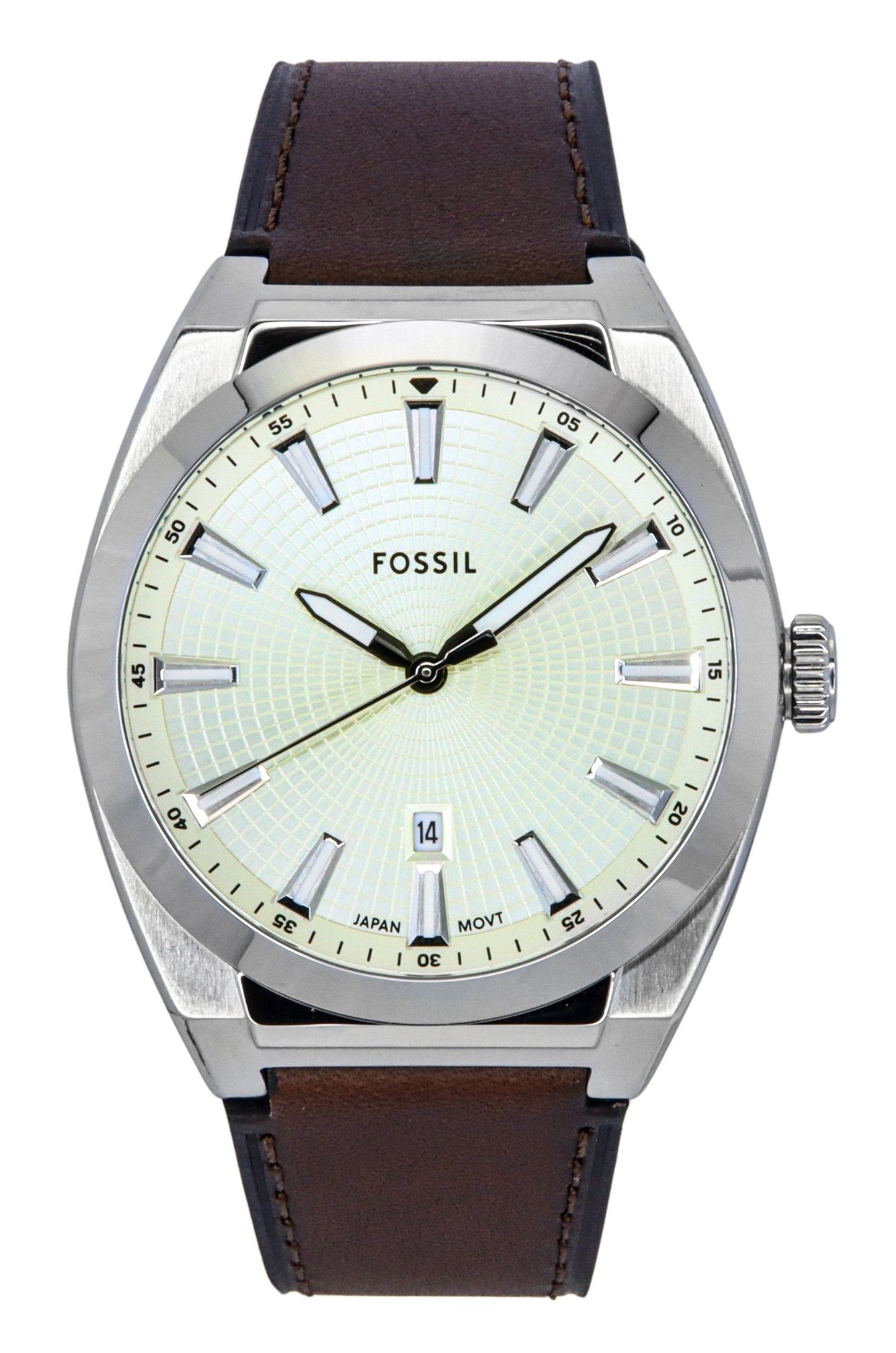 Fossil Everett Date display White Leather Male FS6071. A brand-new Fossil Everett watch featuring a White dial and a Leather strap. Front view.