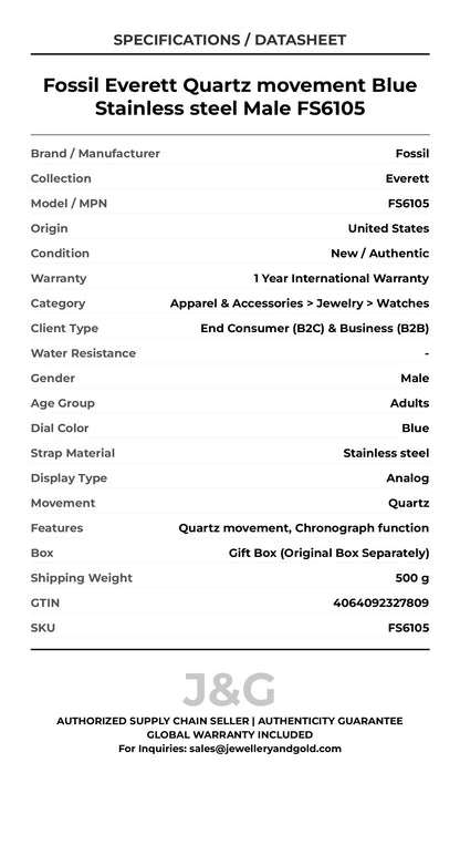 Fossil Everett Quartz movement Blue Stainless steel Male FS6105 - Specifications