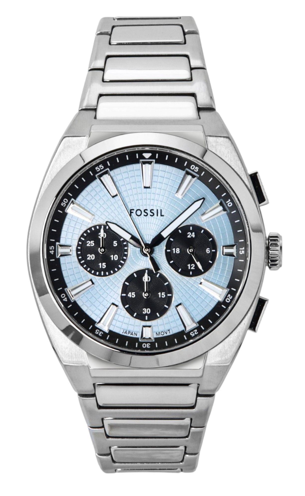 Fossil Everett Quartz movement Blue Stainless steel Male FS6105. A brand-new Fossil Everett watch featuring a Blue dial and a Stainless steel strap. Side view.