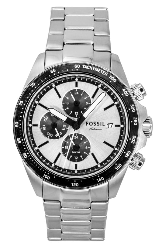 Fossil Quartz movement Silver Stainless steel Male FS6124. A brand-new Fossil watch featuring a Silver dial and a Stainless steel strap. Side view.