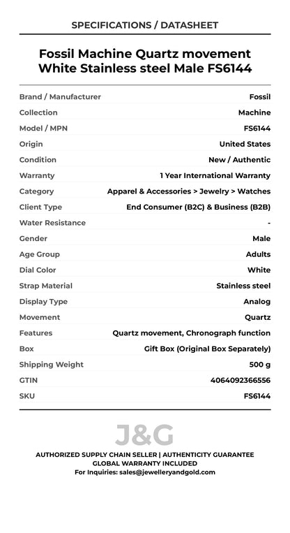 Fossil Machine Quartz movement White Stainless steel Male FS6144 - Specifications