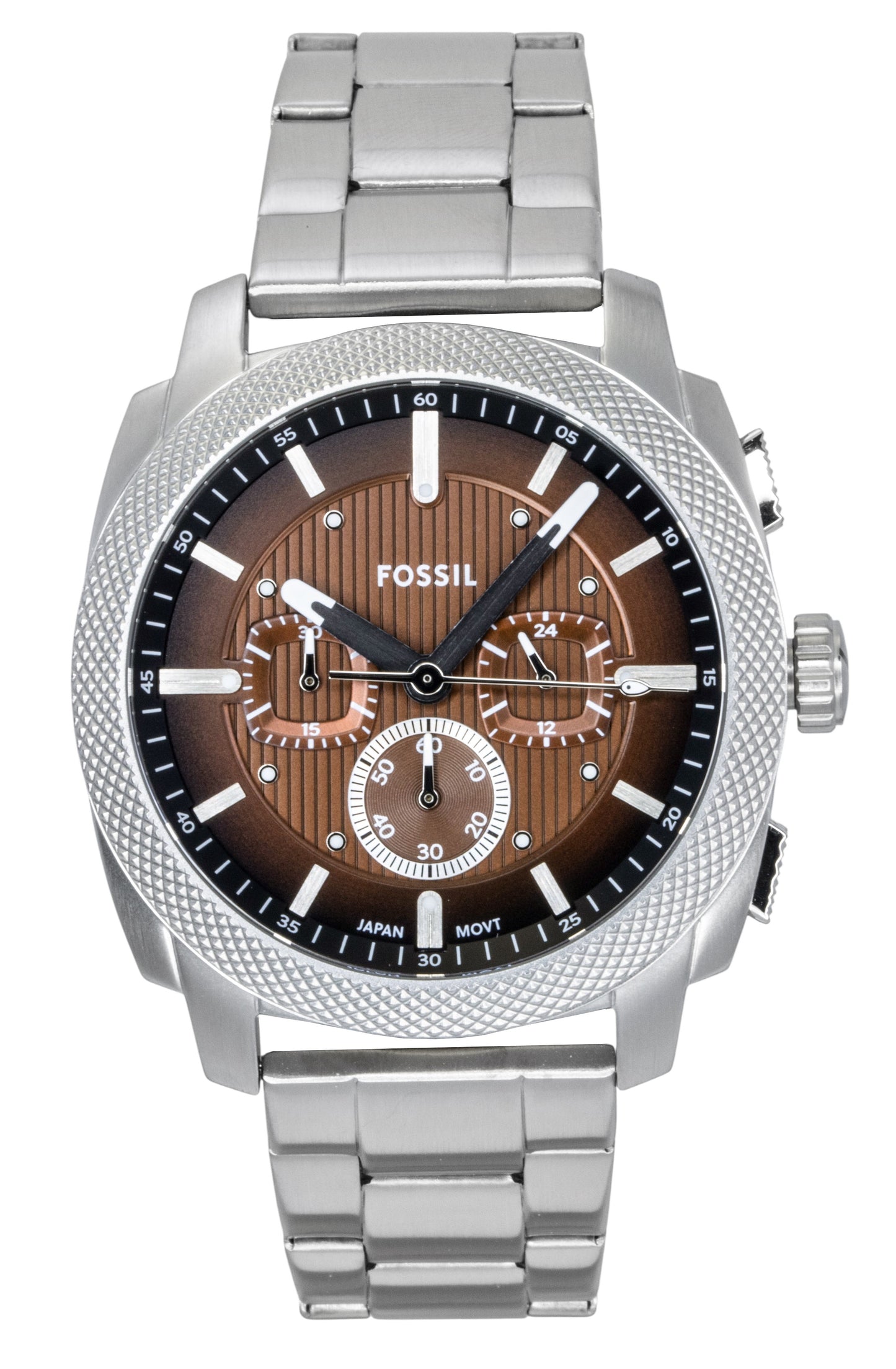 Fossil Machine Quartz movement White Stainless steel Male FS6144. A brand-new Fossil Machine watch featuring a White dial and a Stainless steel strap. Front view.