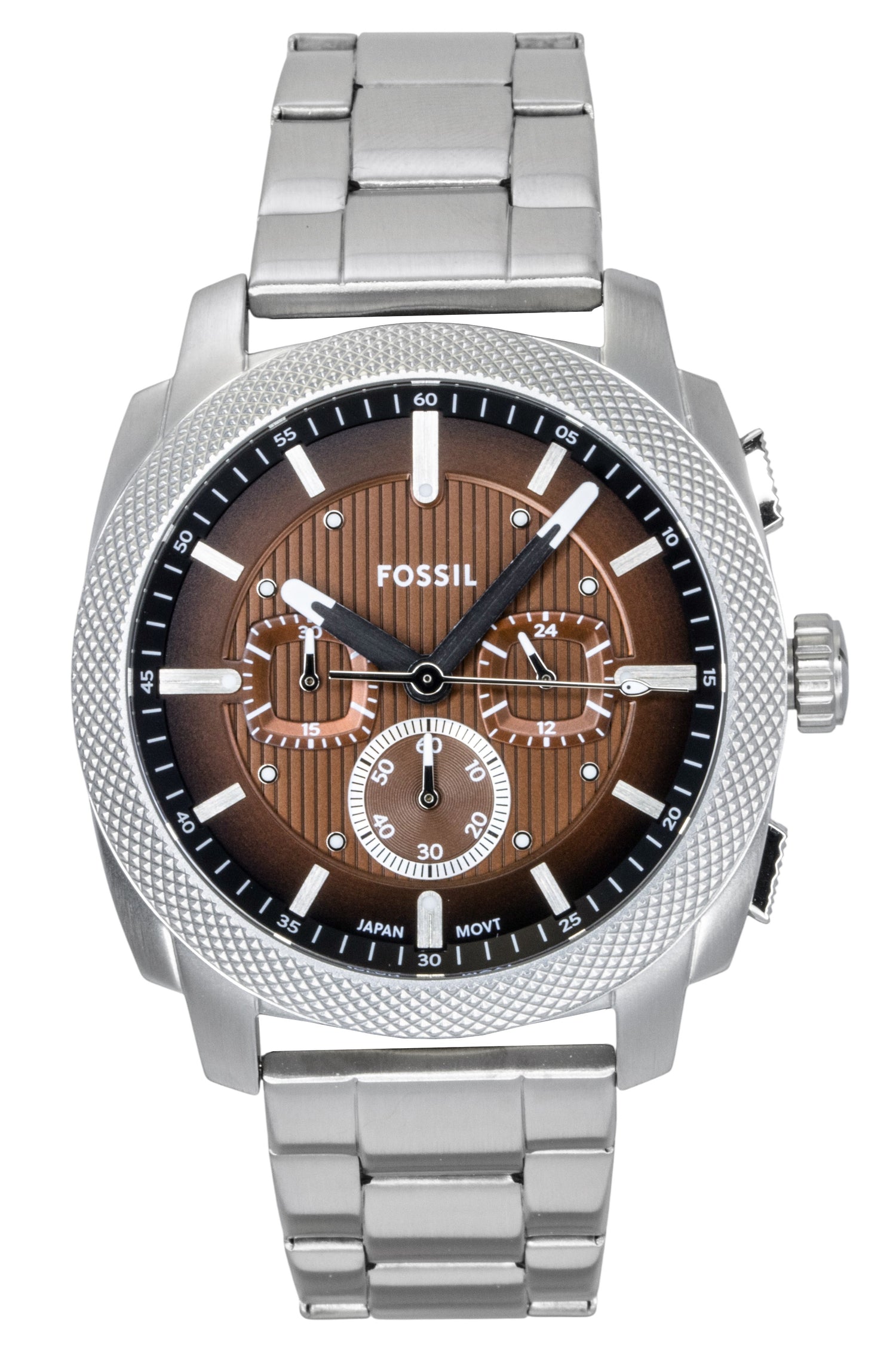 Fossil Machine Quartz movement White Stainless steel Male FS6144. A brand-new Fossil Machine watch featuring a White dial and a Stainless steel strap. Front view.
