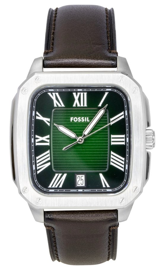 Fossil Quartz movement Green Leather Male FS6150. A brand-new Fossil watch featuring a Green dial and a Leather strap. Angled view.