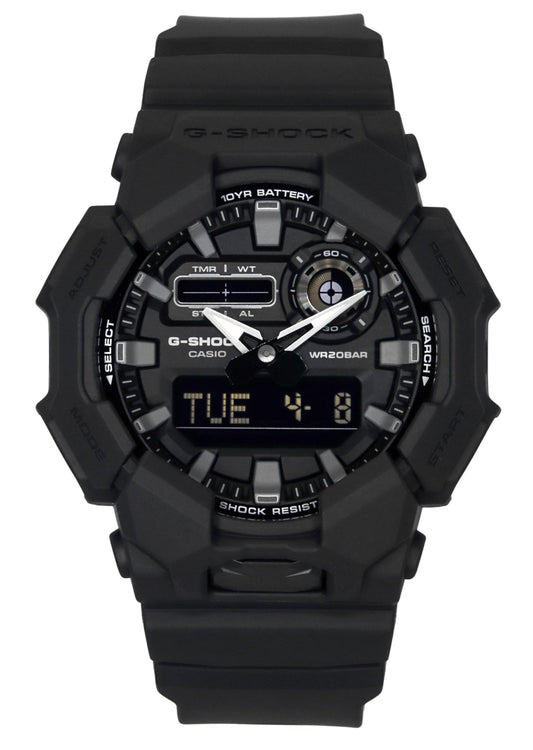 Casio G-Shock Alarm Black Plastic Male GA-010-1A1. A brand-new Casio G-Shock watch featuring a Black dial and a Plastic strap. Side view.