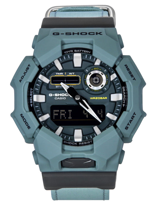 Casio G-Shock Alarm Blue Polyester Male GA-010CE-2A. A brand-new Casio G-Shock watch featuring a Blue dial and a Polyester strap. Angled view.