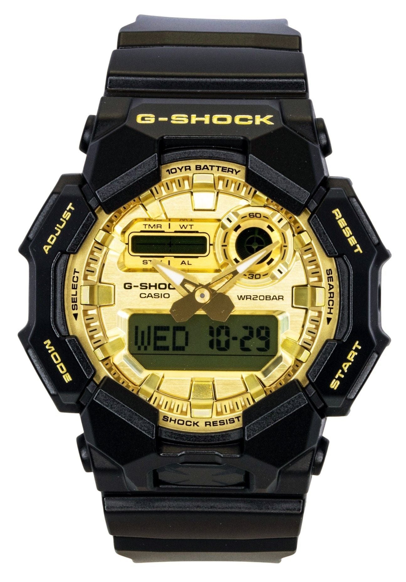 Casio G-Shock Quartz movement Gold Plastic Male GA-010GGB-1A9. A brand-new Casio G-Shock watch featuring a Gold dial and a Plastic strap. Angled view.