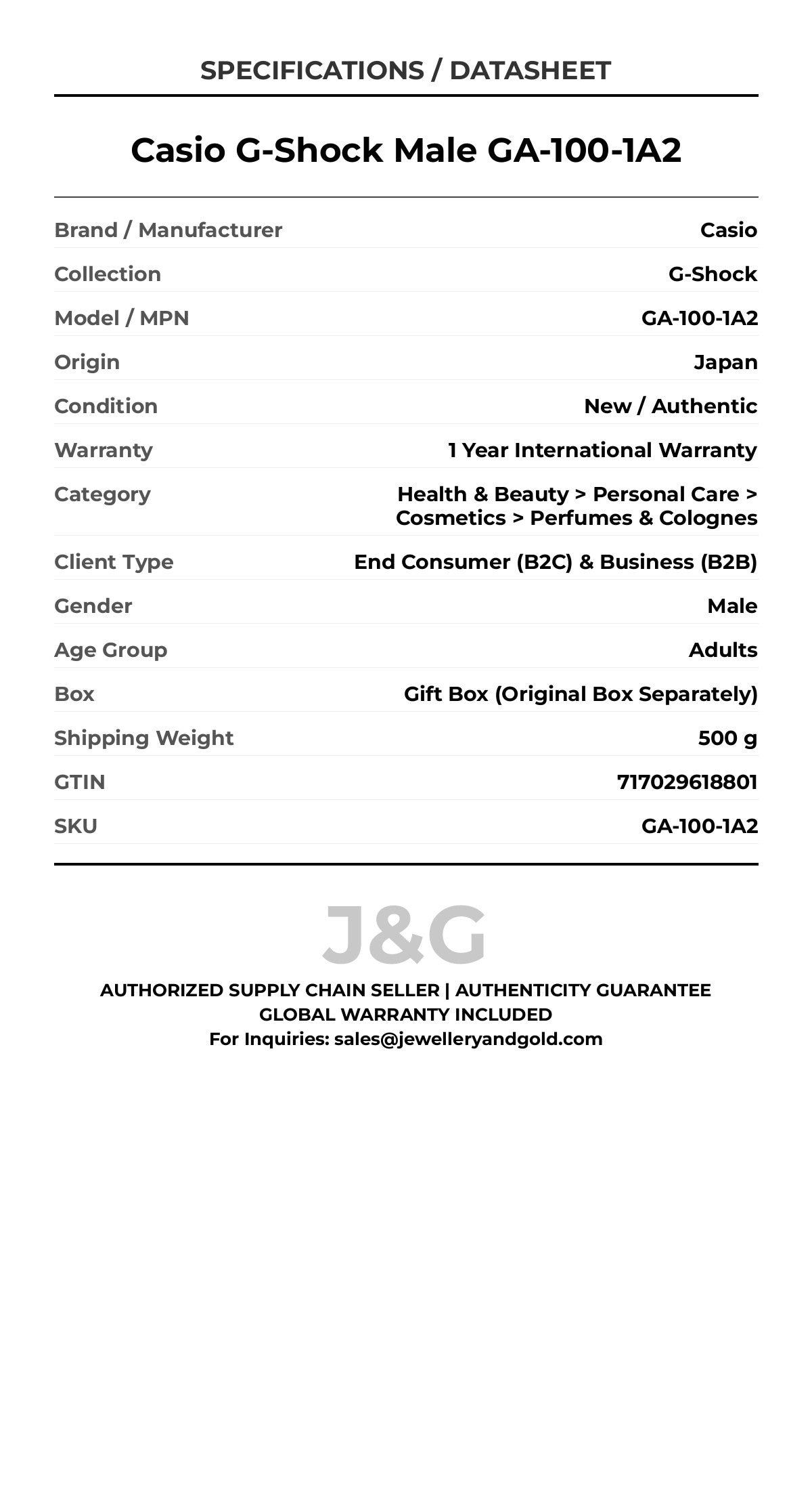 Casio G-Shock Male GA-100-1A2 - Specifications