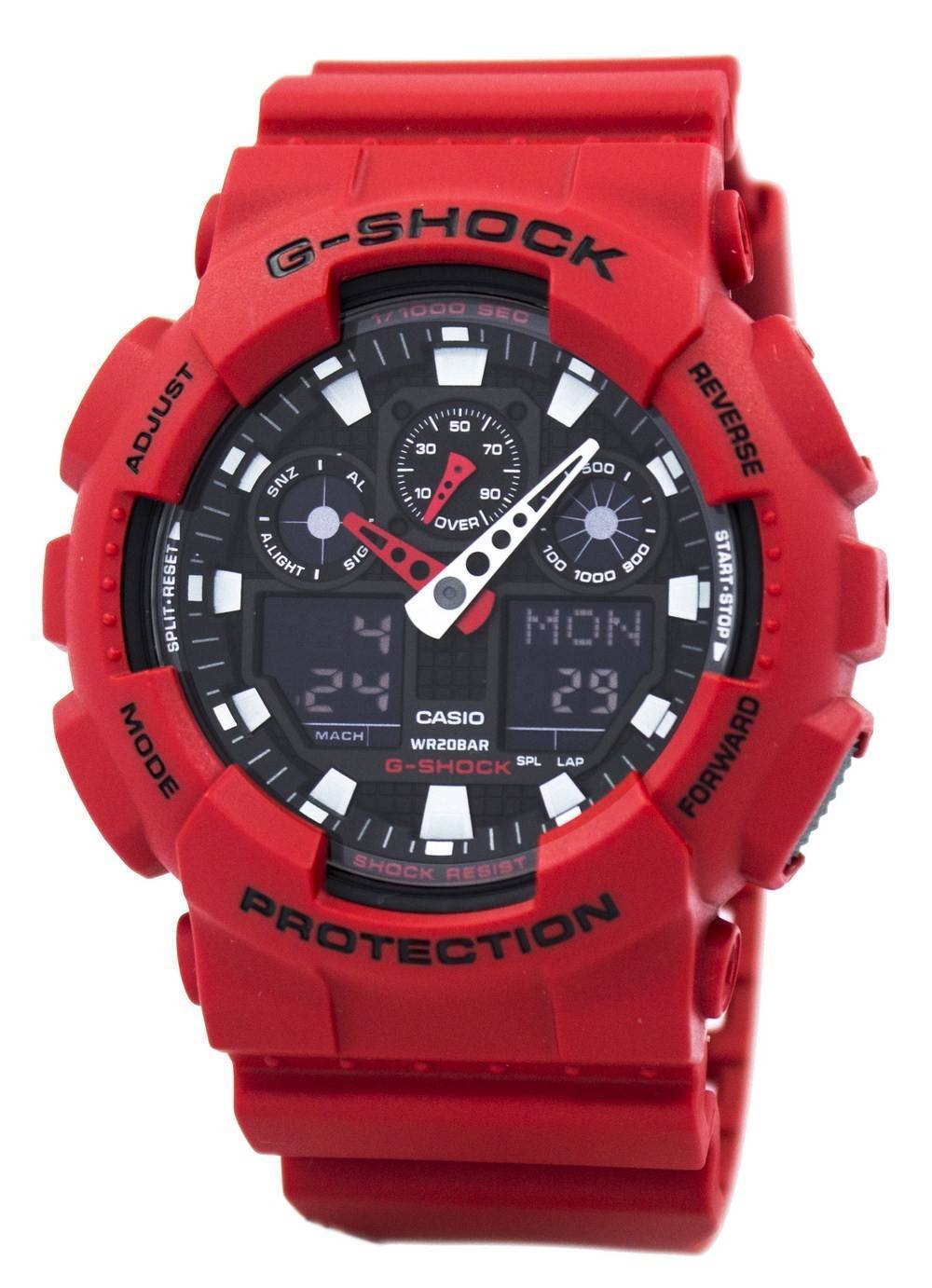 Casio G-Shock Male GA-100B-4A. A brand-new Casio G-Shock watch. Angled view.