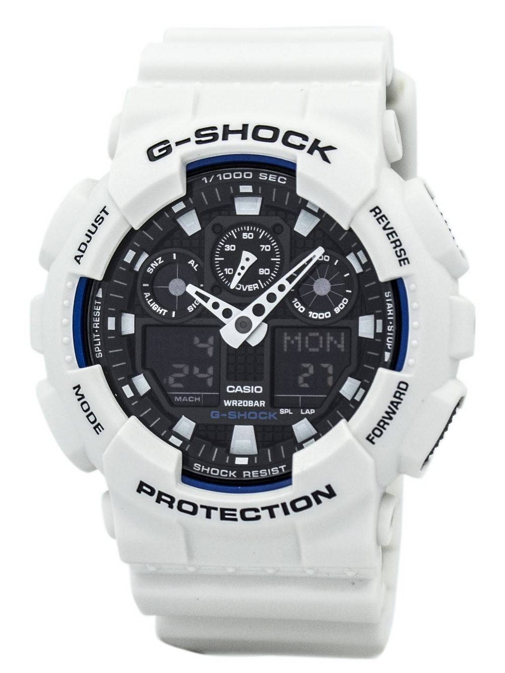 Casio G-Shock Male GA-100B-7A. A brand-new Casio G-Shock watch. Front view.