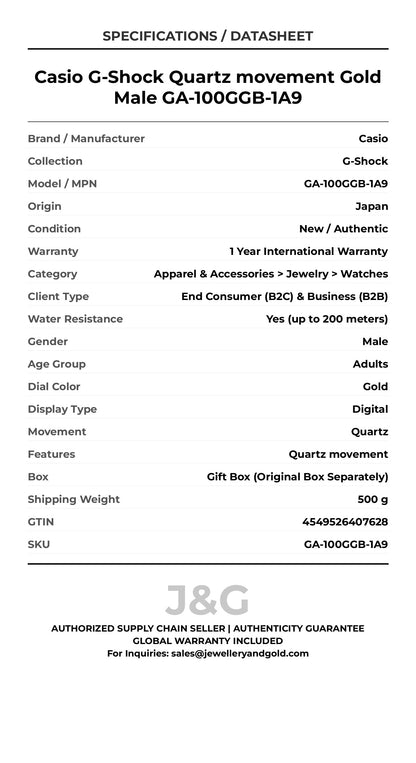 Casio G-Shock Quartz movement Gold Male GA-100GGB-1A9 - Specifications