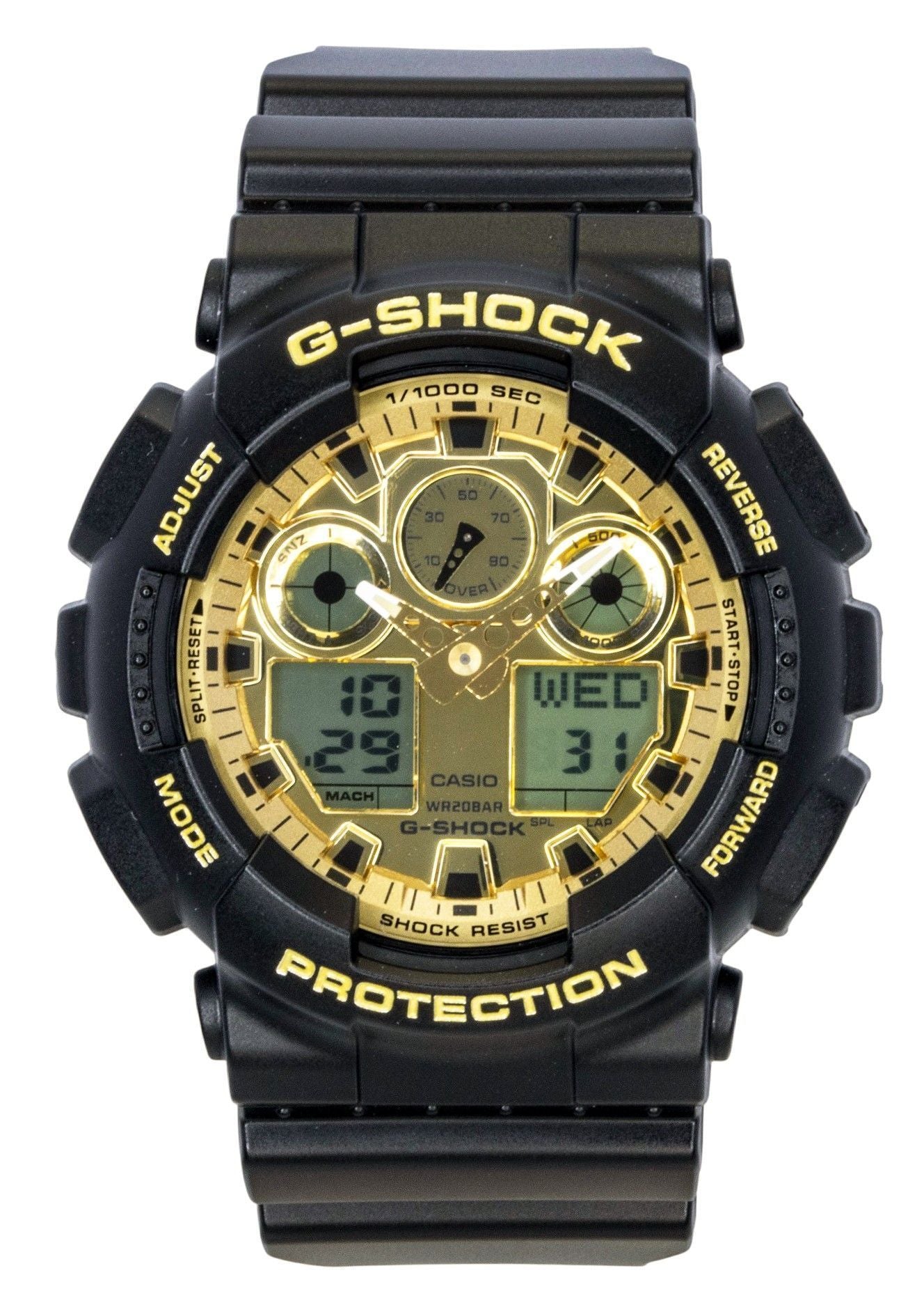 Casio G-Shock Quartz movement Gold Male GA-100GGB-1A9. A brand-new Casio G-Shock watch featuring a Gold dial. Front view.