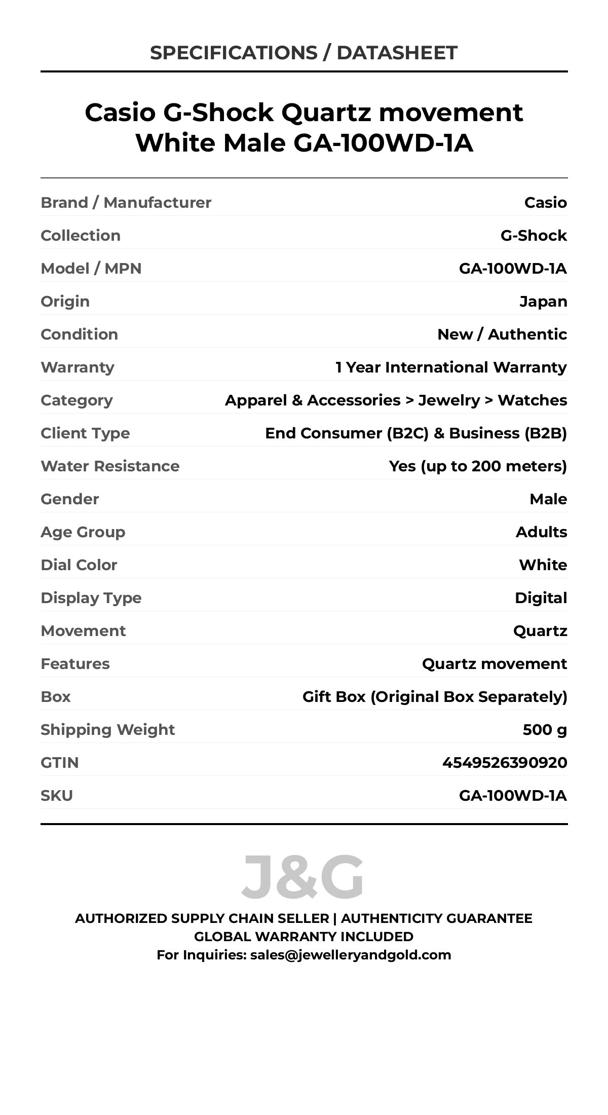 Casio G-Shock Quartz movement White Male GA-100WD-1A - Specifications