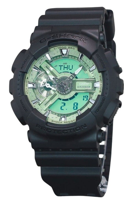 Casio G-Shock Quartz movement Green Male GA-110CD-1A3. A brand-new Casio G-Shock watch featuring a Green dial. Angled view.