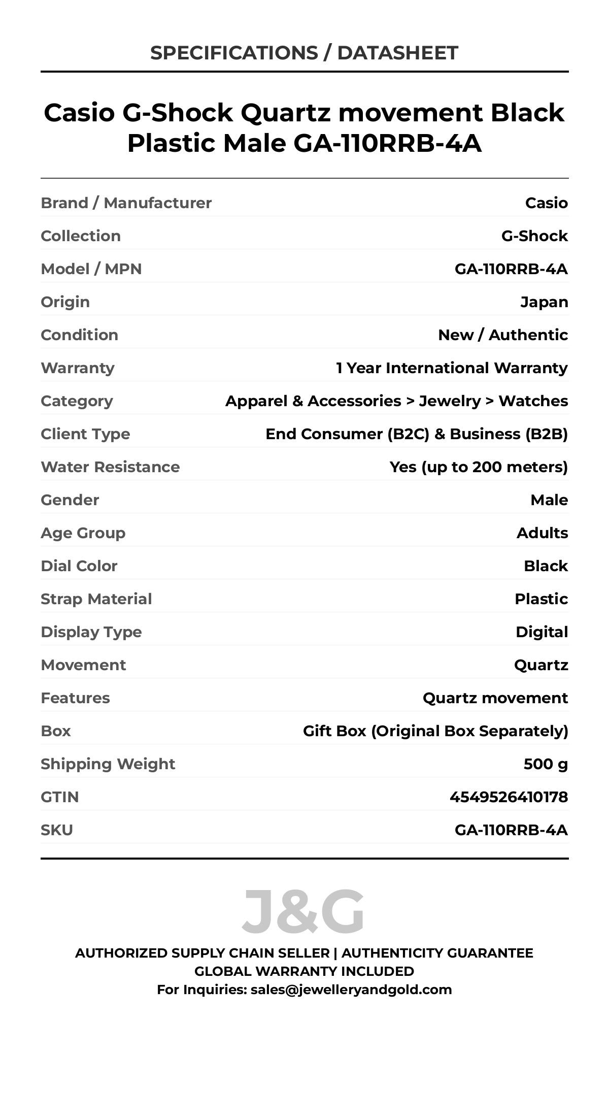 Casio G-Shock Quartz movement Black Plastic Male GA-110RRB-4A - Specifications
