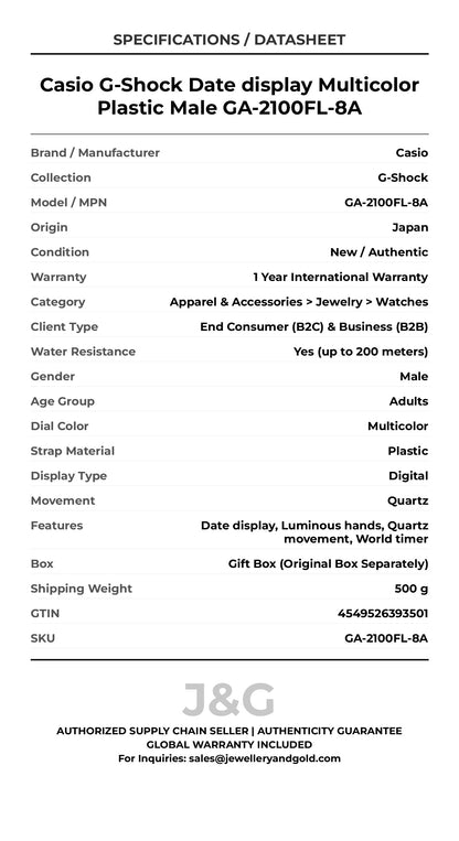 Casio G-Shock Date display Multicolor Plastic Male GA-2100FL-8A - Specifications