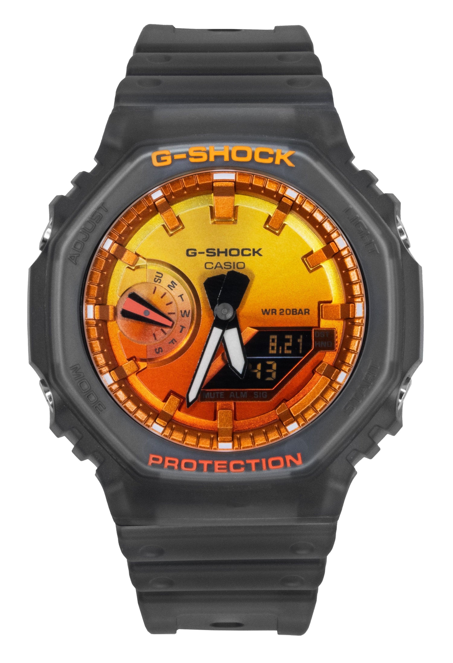 Casio G-Shock Quartz movement Orange Male GA-2100FLS-8A4. A brand-new Casio G-Shock watch featuring a Orange dial. Side view.