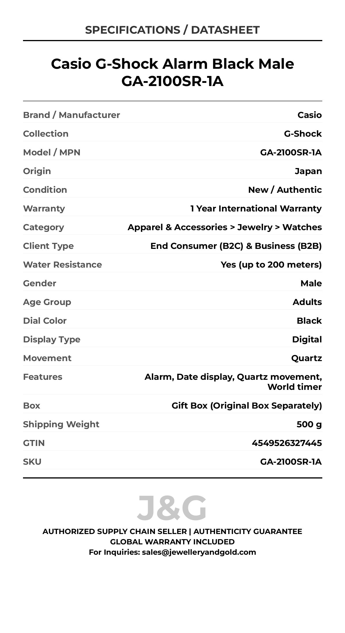 Casio G-Shock Alarm Black Male GA-2100SR-1A - Specifications