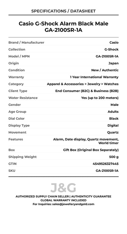 Casio G-Shock Alarm Black Male GA-2100SR-1A - Specifications