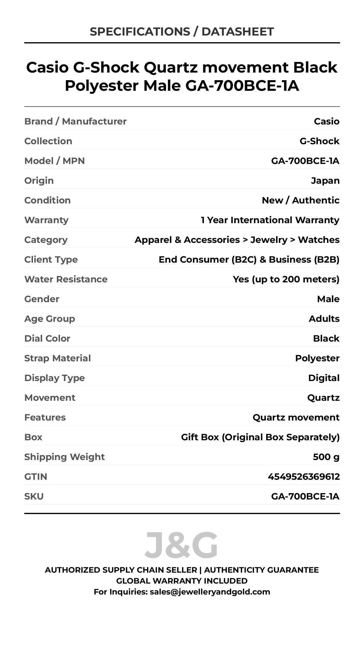 Casio G-Shock Quartz movement Black Polyester Male GA-700BCE-1A - Specifications