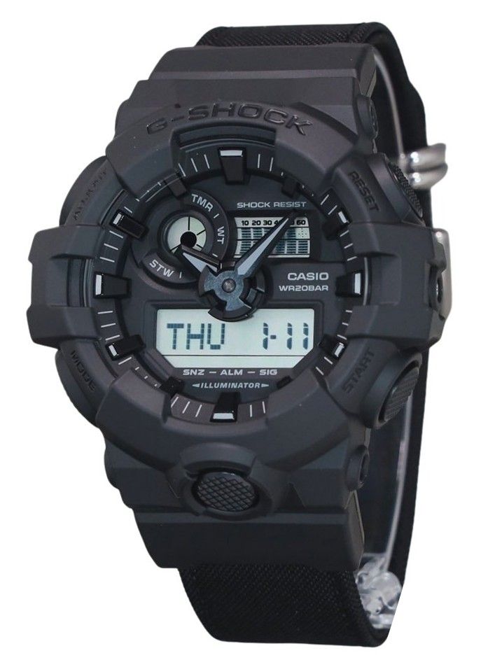 Casio G-Shock Quartz movement Black Polyester Male GA-700BCE-1A. A brand-new Casio G-Shock watch featuring a Black dial and a Polyester strap. Angled view.