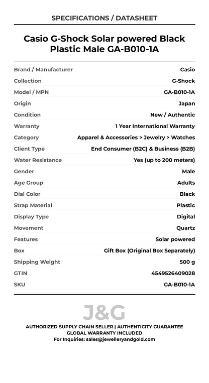 Casio G-Shock Solar powered Black Plastic Male GA-B010-1A - Specifications