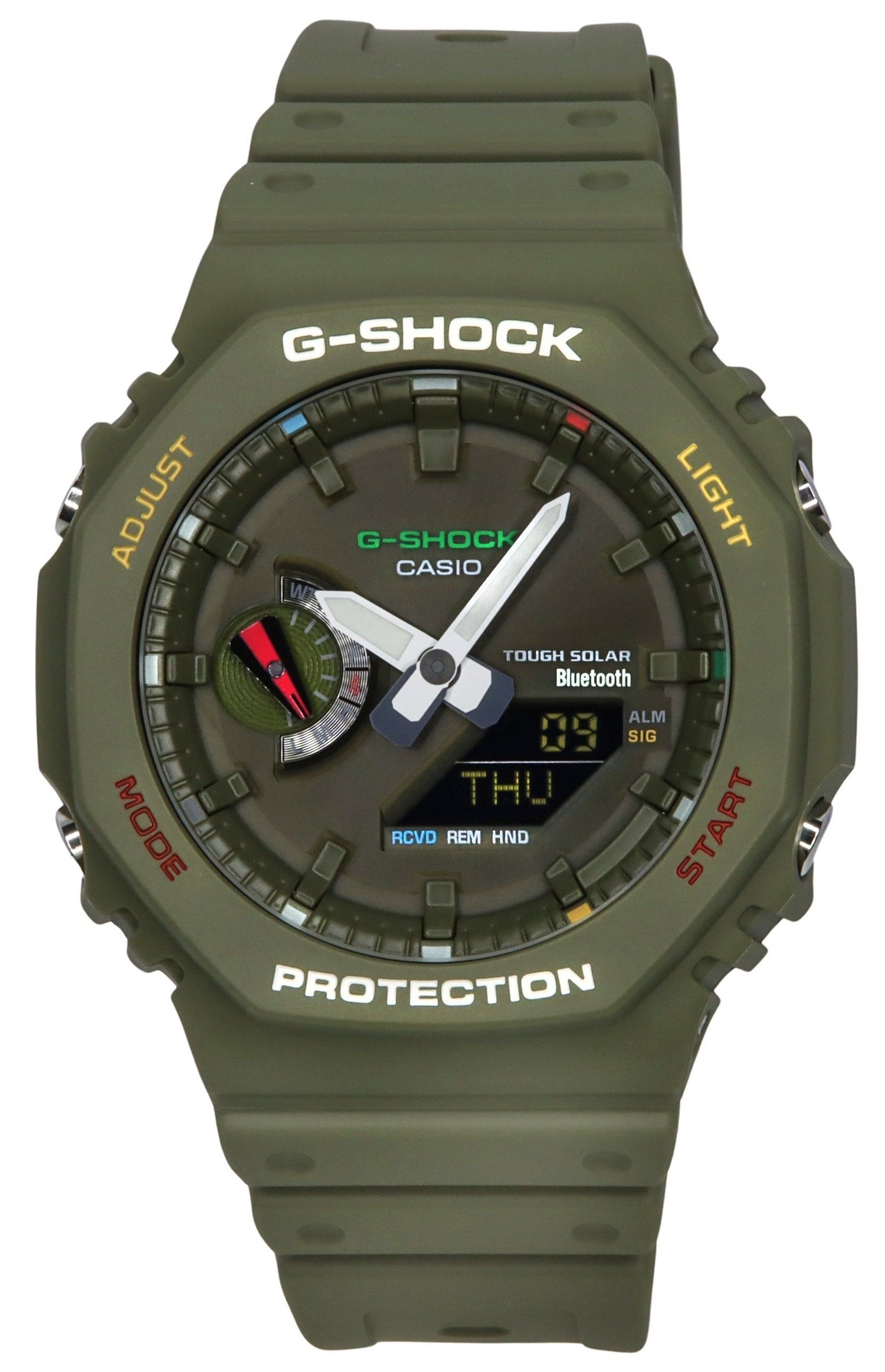 Casio G-Shock Solar powered Green Male GA-B2100FC-3A. A brand-new Casio G-Shock watch featuring a Green dial. Side view.