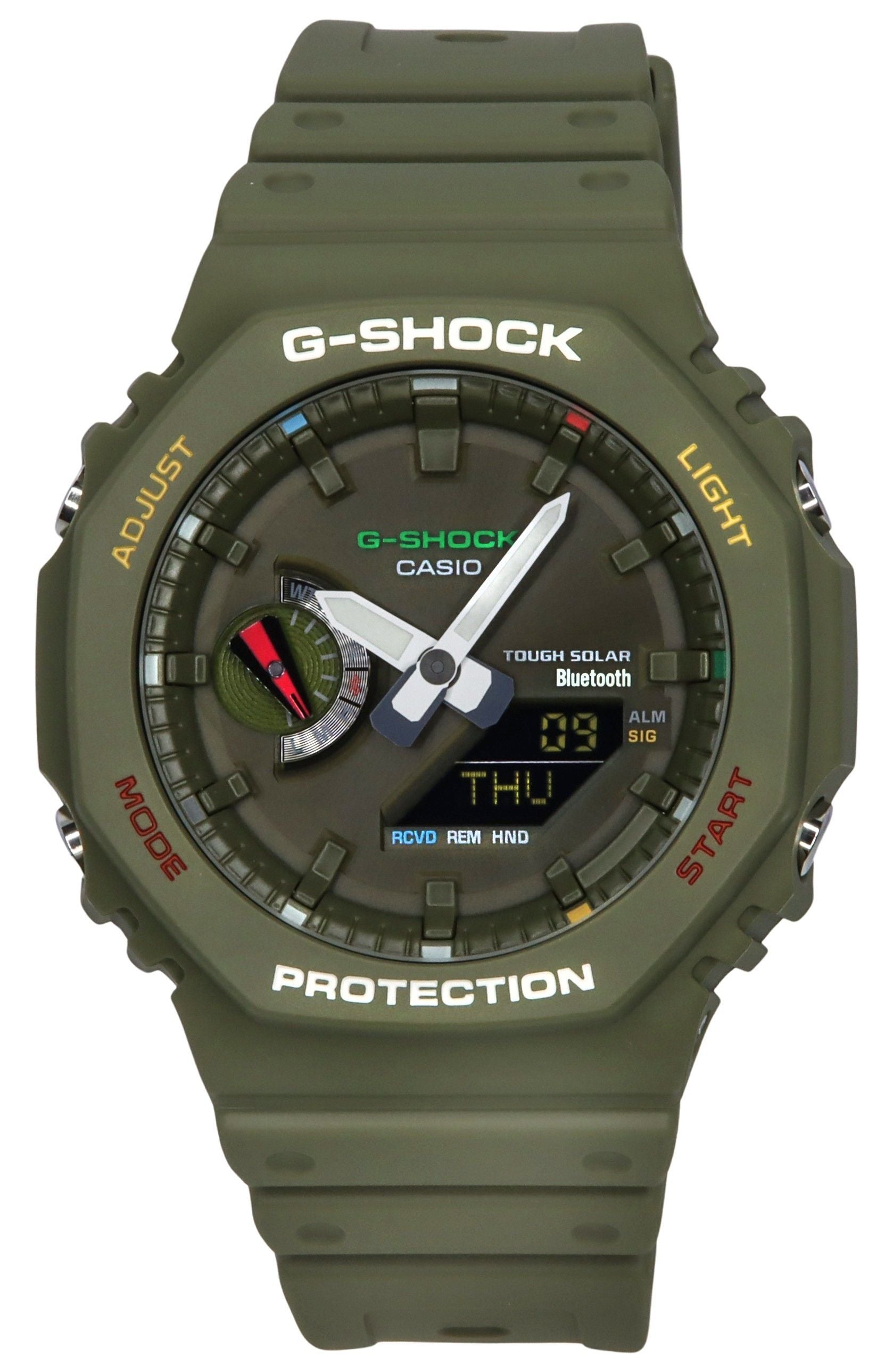 Casio G-Shock Solar powered Green Male GA-B2100FC-3A. A brand-new Casio G-Shock watch featuring a Green dial. Side view.