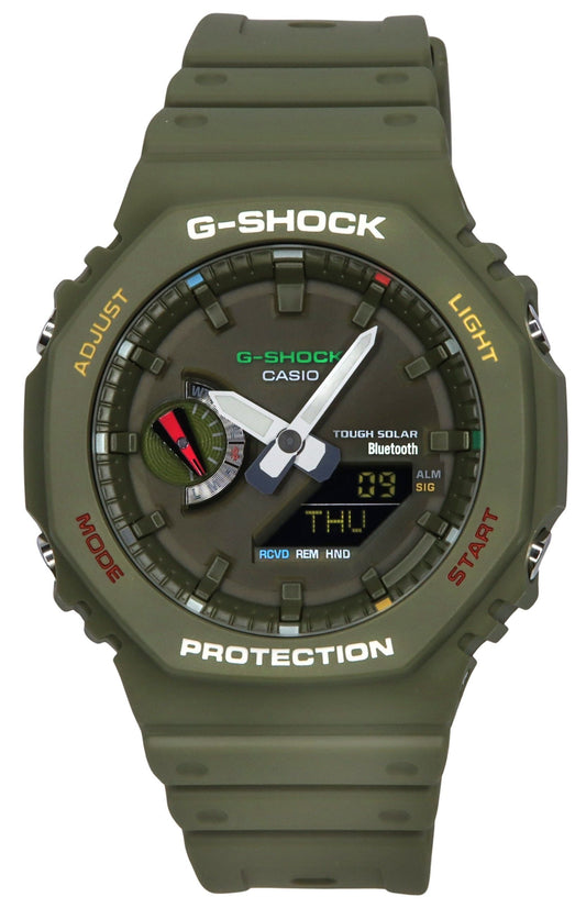 Casio G-Shock Solar powered Green Male GA-B2100FC-3A. A brand-new Casio G-Shock watch featuring a Green dial. Side view.