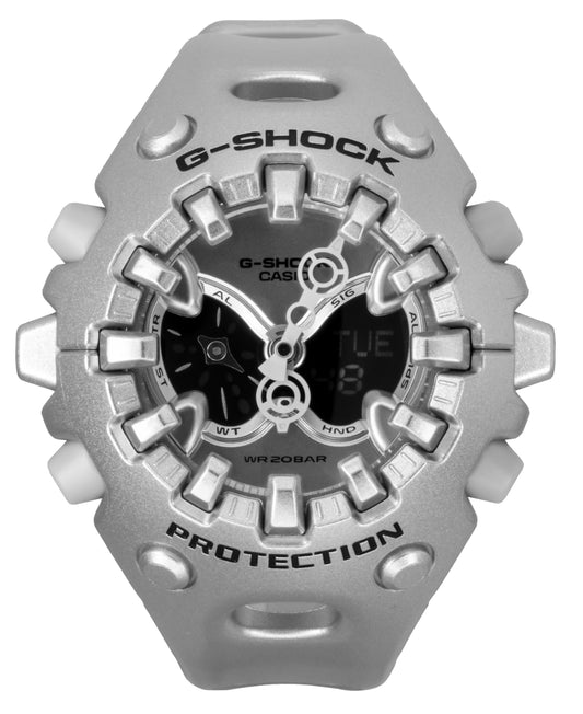 Casio G-Shock Quartz movement Silver Unisex GA-V01A-8A. A brand-new Casio G-Shock watch featuring a Silver dial. Angled view.