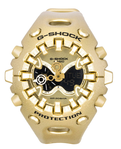Casio G-Shock Quartz movement Gold Male GA-V01A-9A. A brand-new Casio G-Shock watch featuring a Gold dial. Angled view.