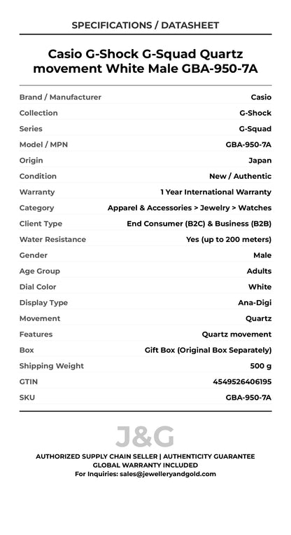 Casio G-Shock G-Squad Quartz movement White Male GBA-950-7A - Specifications