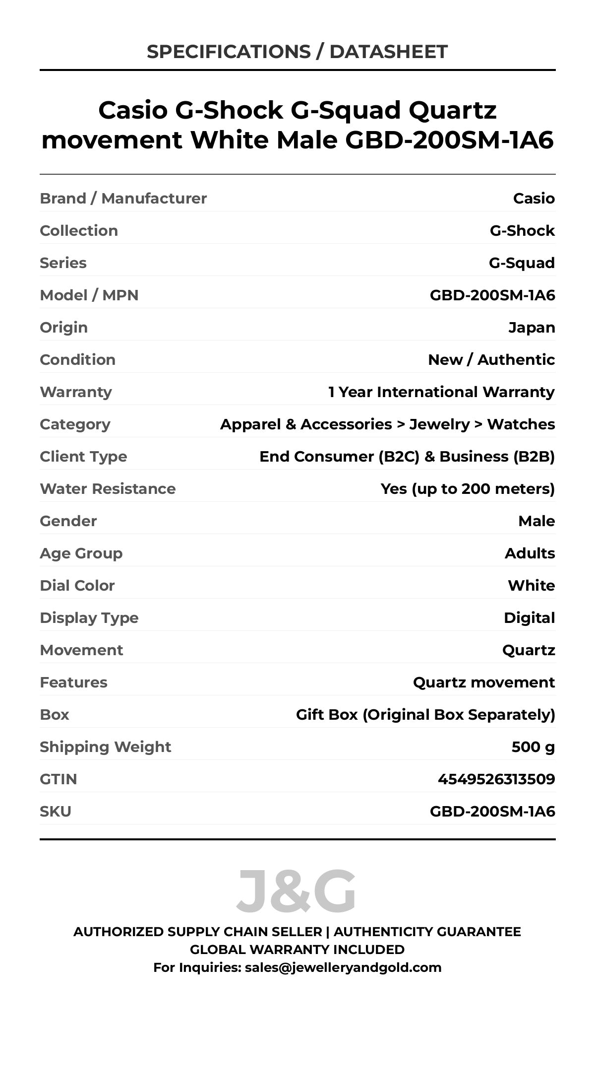 Casio G-Shock G-Squad Quartz movement White Male GBD-200SM-1A6 - Specifications