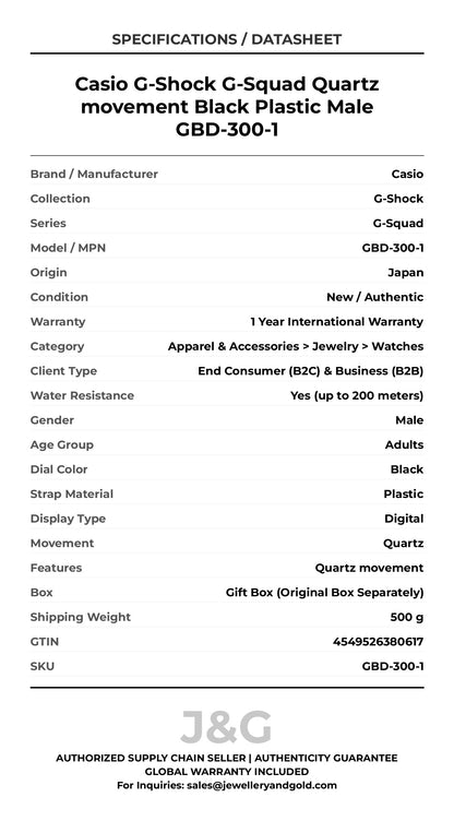 Casio G-Shock G-Squad Quartz movement Black Plastic Male GBD-300-1 - Specifications