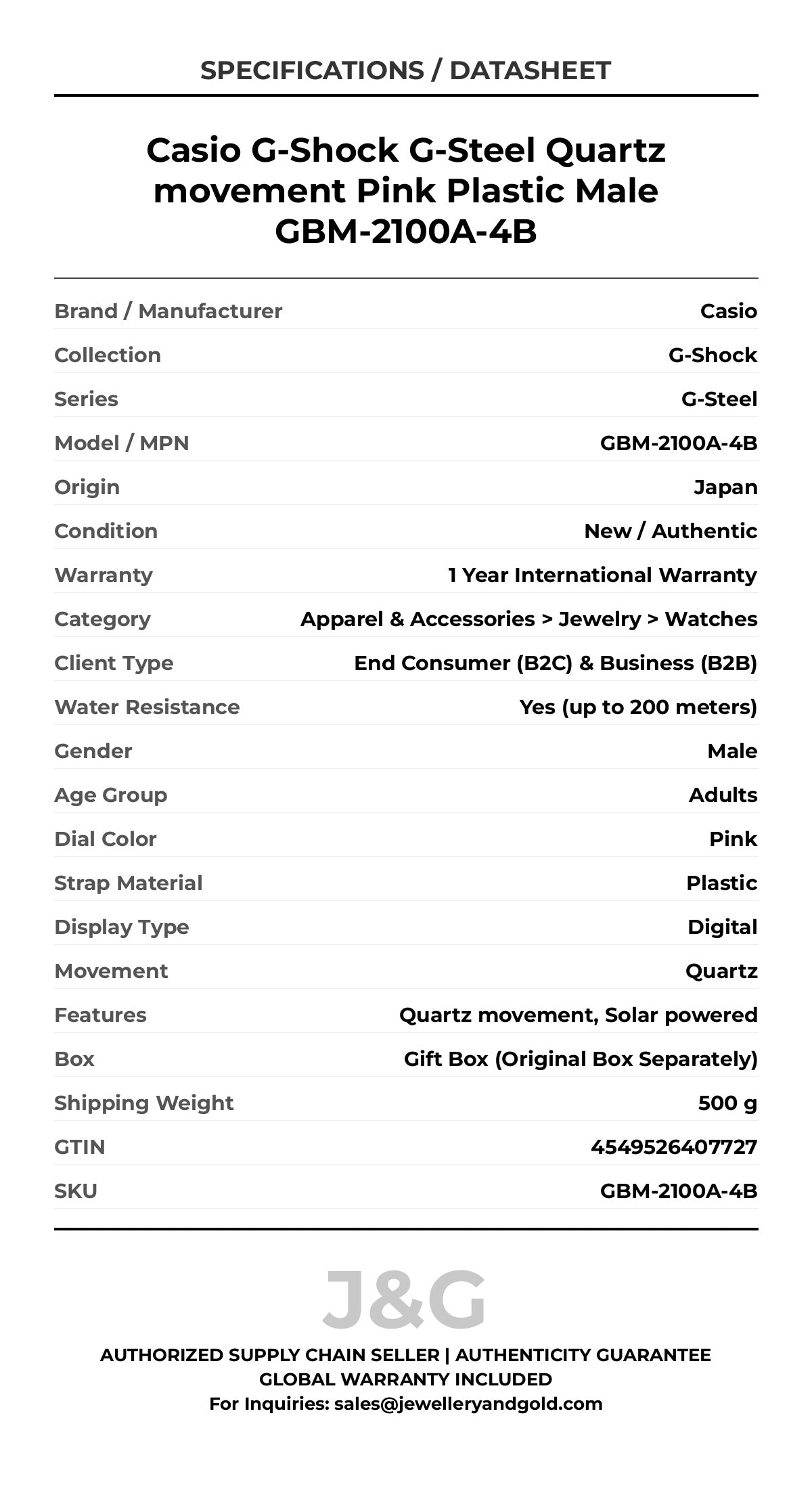 Casio G-Shock G-Steel Quartz movement Pink Plastic Male GBM-2100A-4B - Specifications