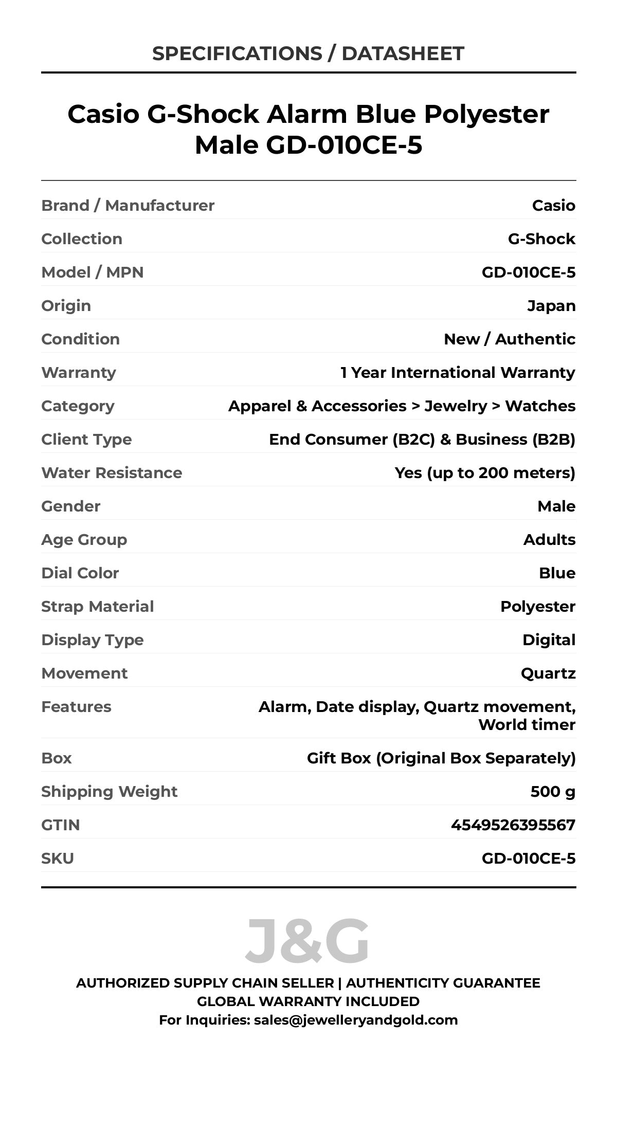 Casio G-Shock Alarm Blue Polyester Male GD-010CE-5 - Specifications